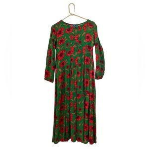 Maxi lawn Kurta dress dark green with pink flowers